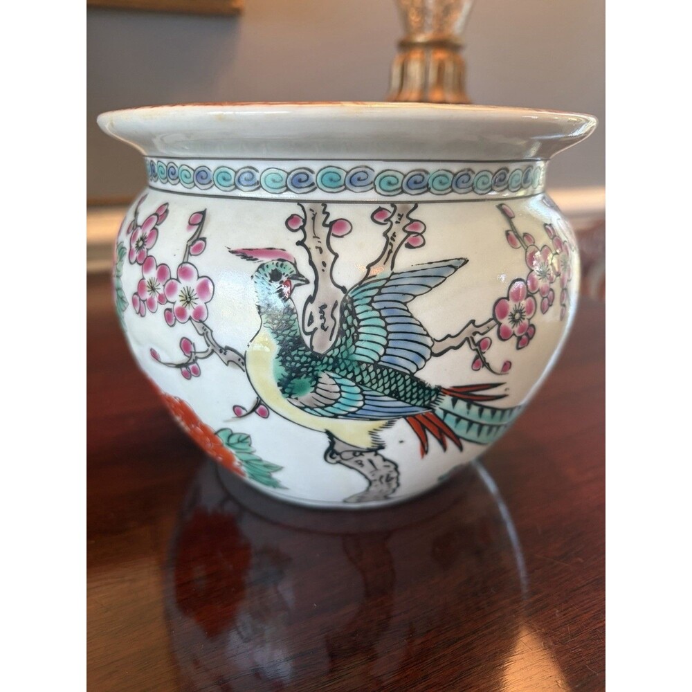 Vintage Chinese Famille Rose Porcelain Fish Bowl Jardiniere Birds, Flowers